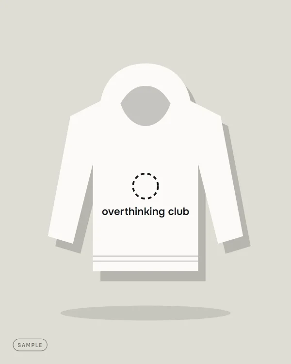 White hoodie with a dotted circle and the words "overthinking club" (sample artwork)