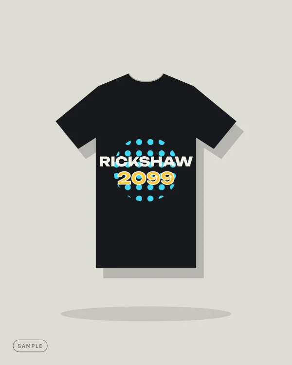 Black T-shirt with a cyan halftone circle and the text "RICKSHAW 2099" (sample artwork)